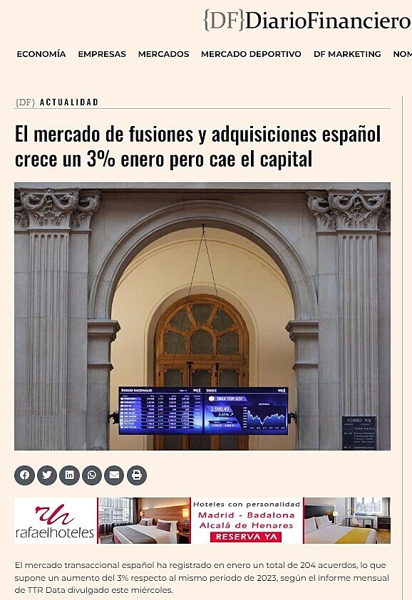 El mercado de fusiones y adquisiciones espaol crece un 3% enero pero cae el capital